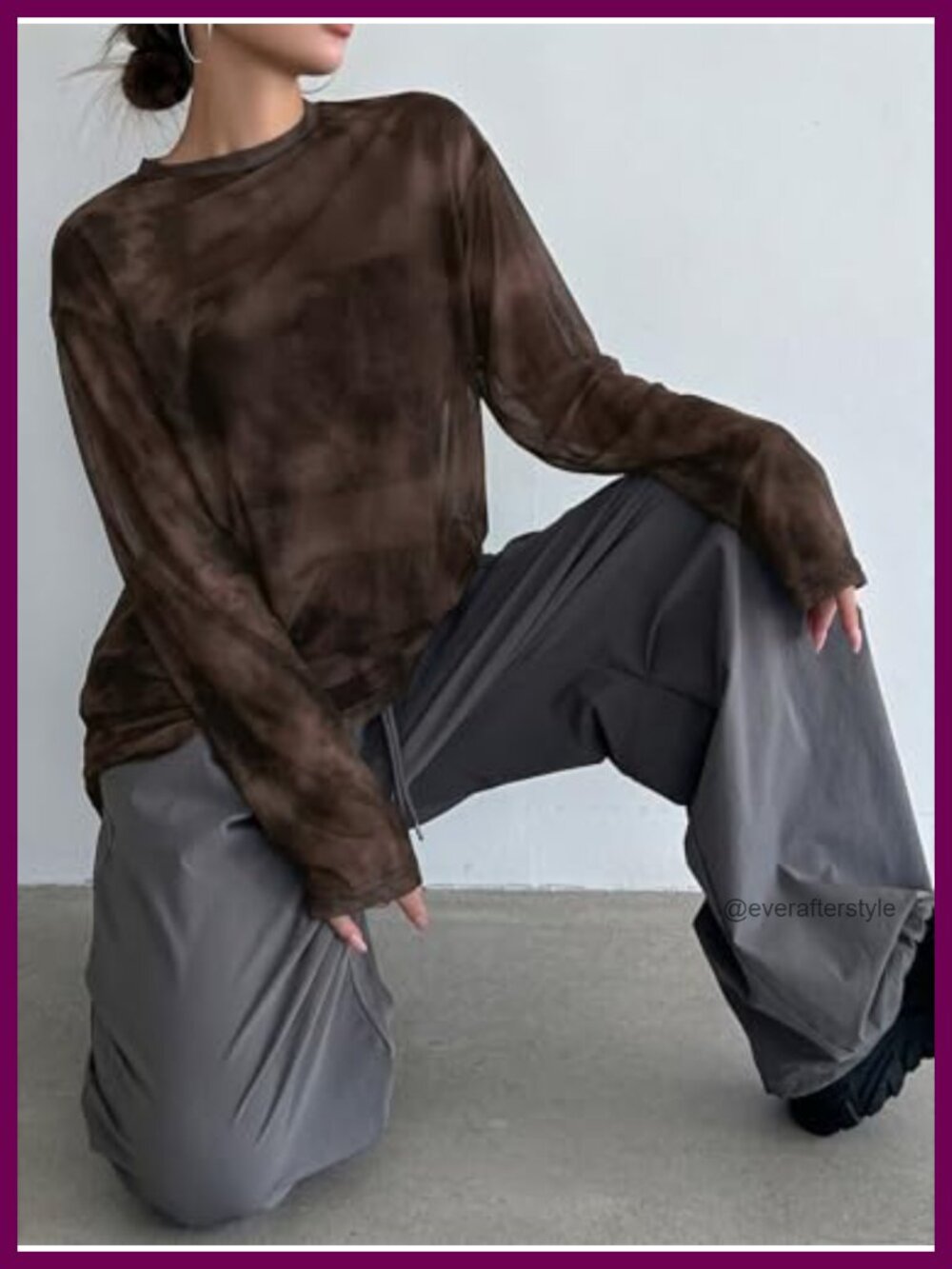 Verdusa Y2K Sheer Mesh Long Sleeve Oversized T-Shirt Women's - Picture 5 of 5